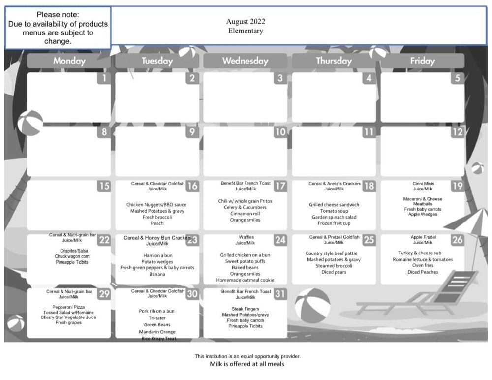 August Lunch Menu