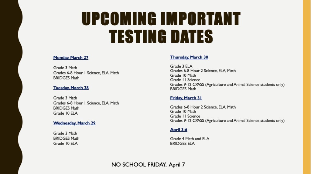 State Assessment Testing Calendar